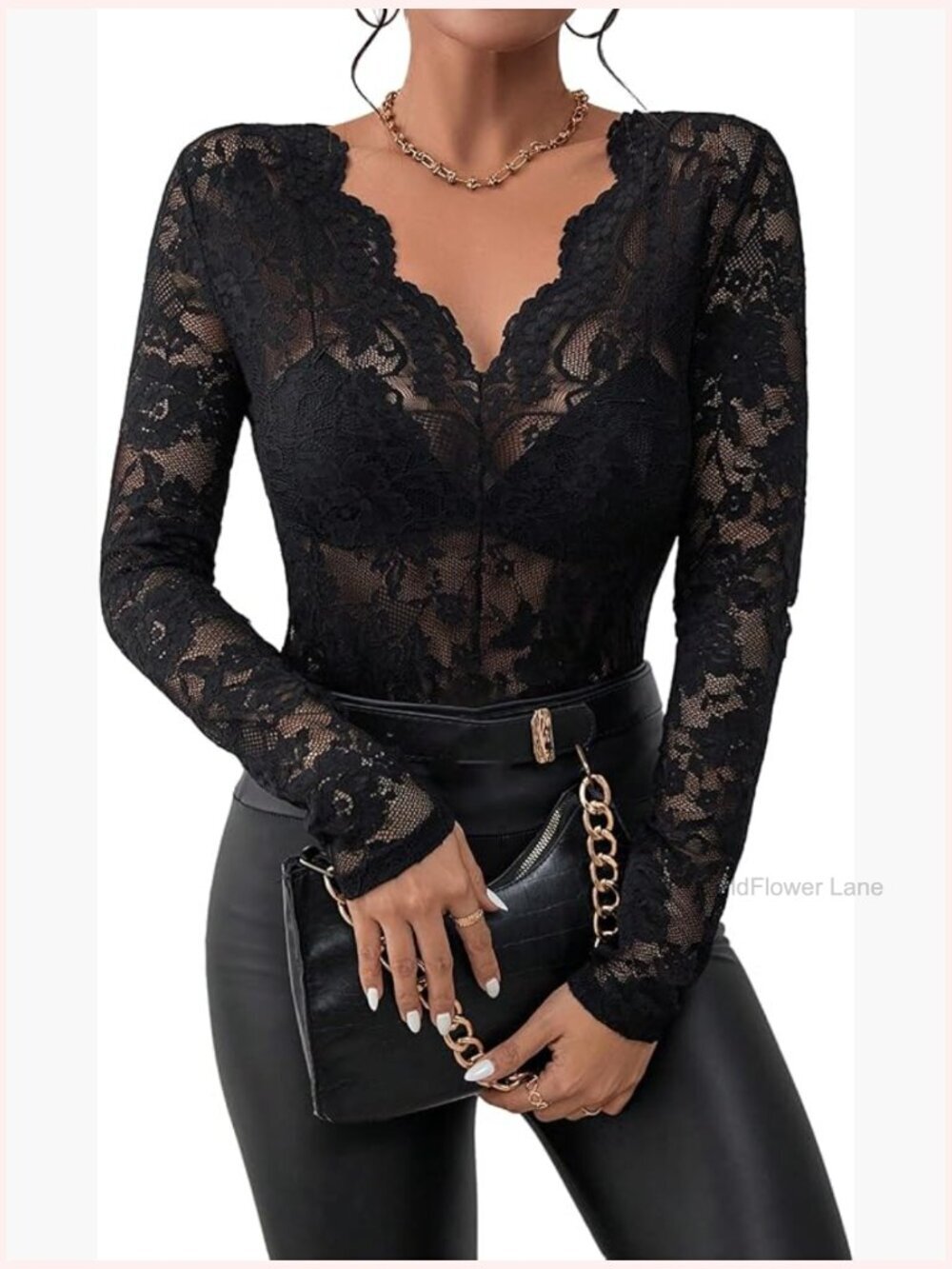 Plus Size Lace Floral Embroidery Mesh Long Sleeve V Neck Blouse Top Sheer